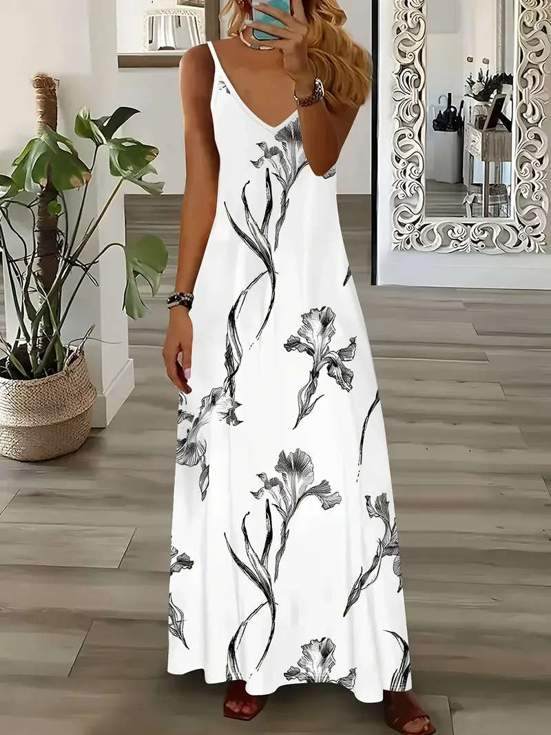 Women Floral Sleeveless Summer Printing Dress V Neck Daily Casual Maxi Slip Dress X-Line Dress