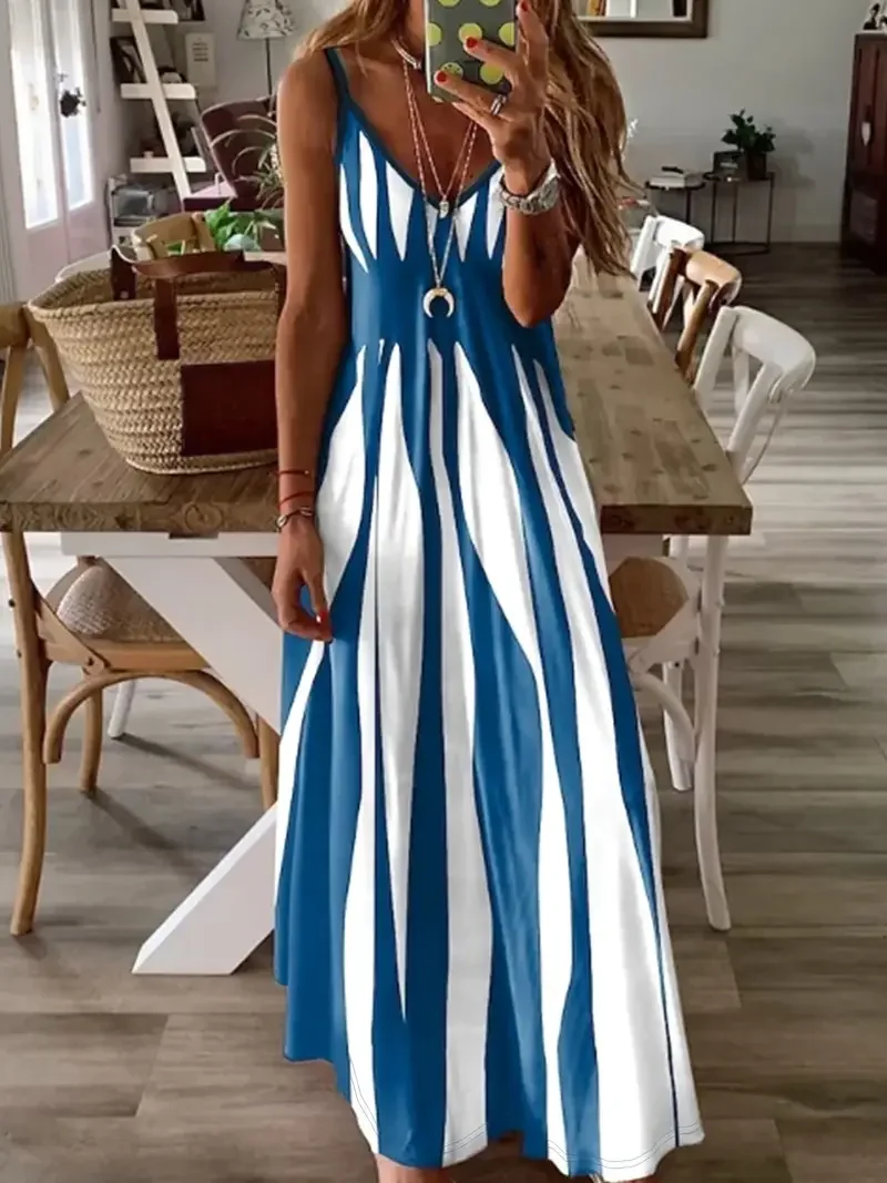 Women Abstract Stripes Sleeveless Summer Printing Dress V Neck Daily Casual Maxi Slip Dress X-Line Dress