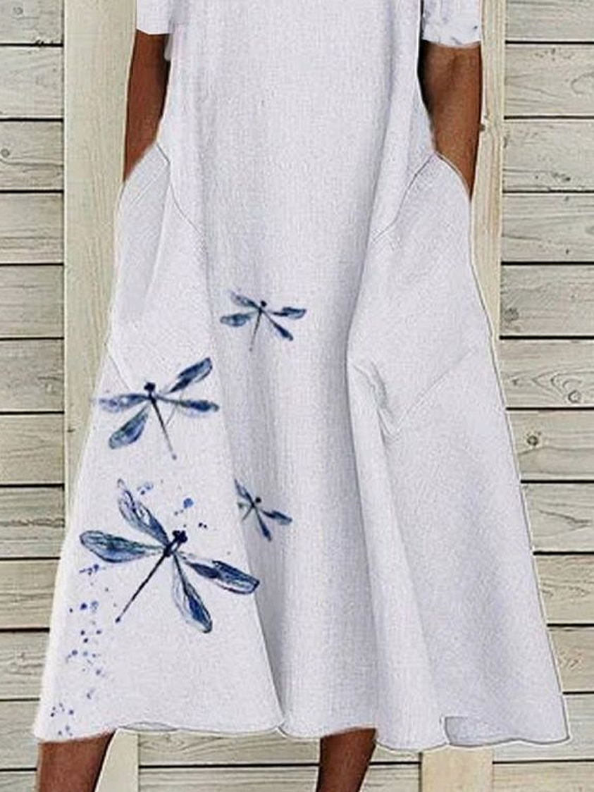 Women Dragonfly Short Sleeve Summer Printing Dress Crew Neck Daily Casual Maxi Shift Dress H-Line Dress