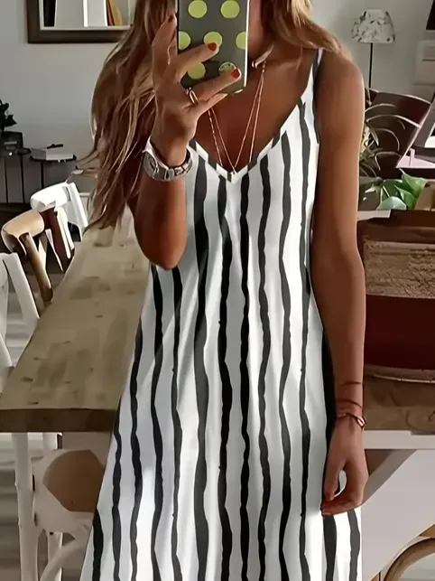 Women Striped Sleeveless Summer Printing Dress V Neck Daily Casual Maxi Slip Dress X-Line Dress