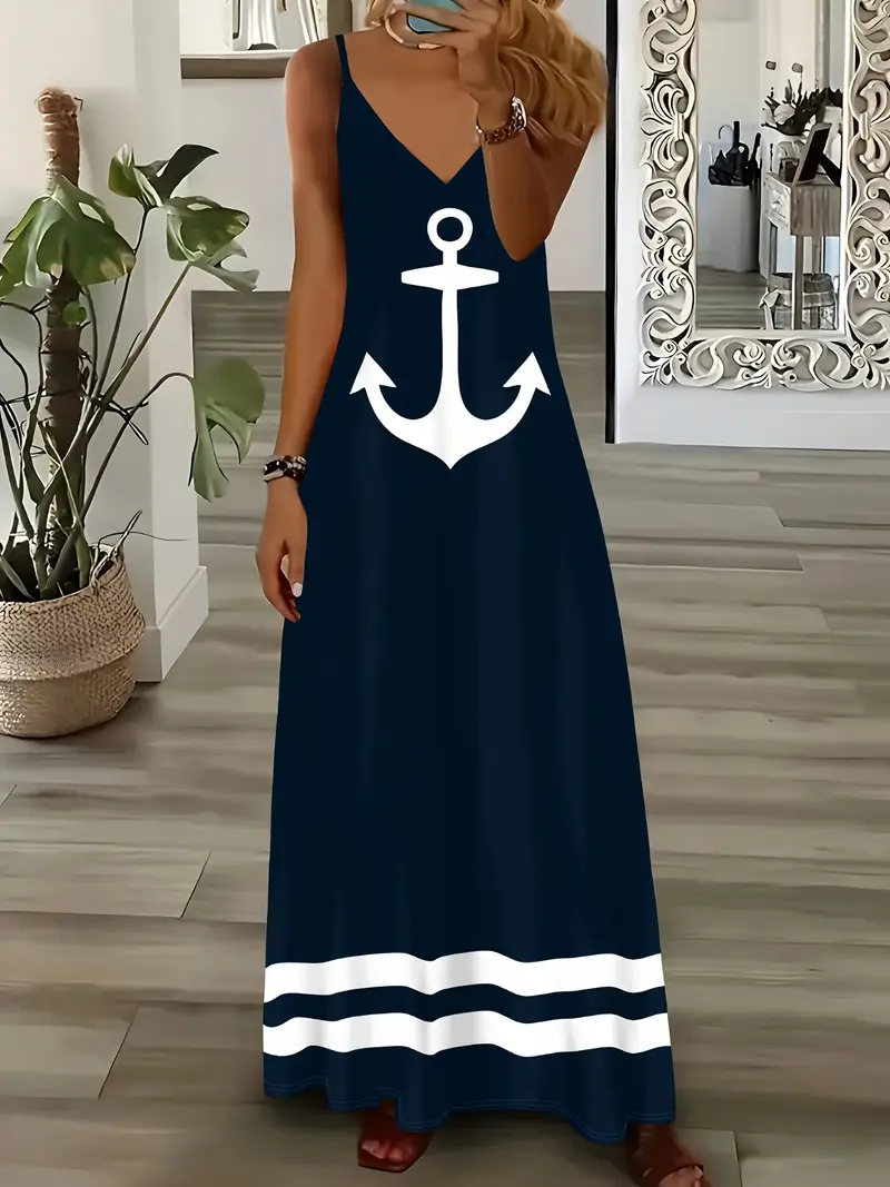 Women Anchor Sleeveless Summer Printing Dress V Neck Daily Casual Maxi Slip Dress X-Line Dress