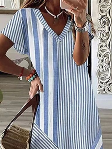 Women Striped Short Sleeve Summer Printing Dress V Neck Daily Casual Maxi X-Line Dress