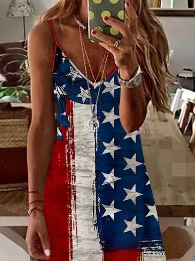 Women Independence Day (Flag) Sleeveless Summer Printing Dress V Neck Daily Casual Maxi Slip Dress X-Line Dress