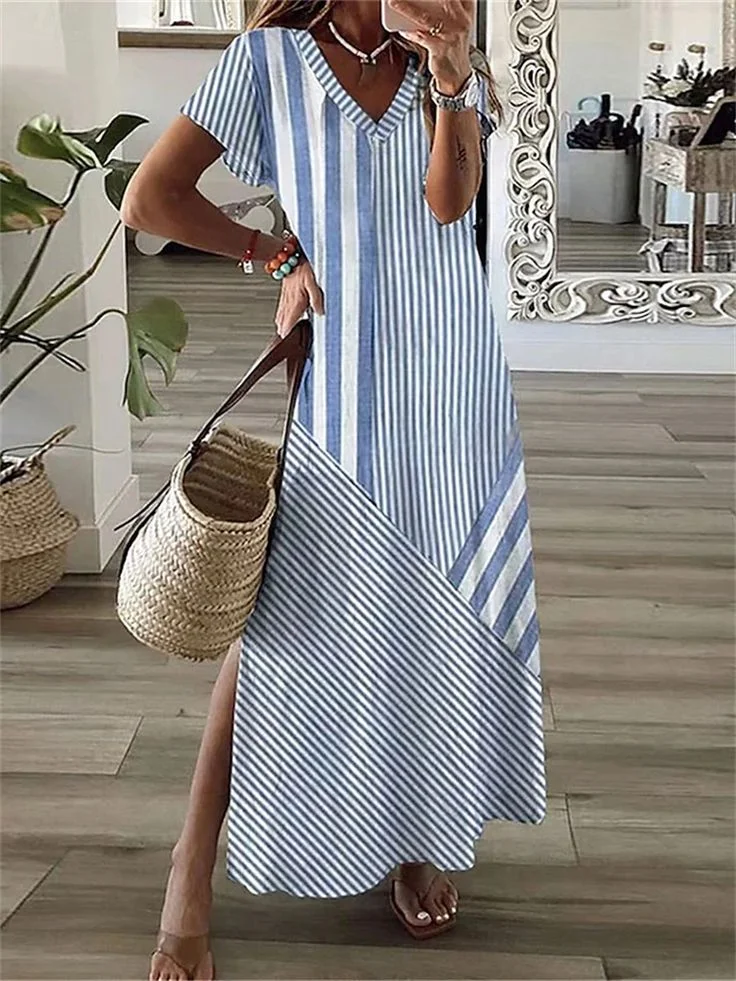 Women Striped Short Sleeve Summer Printing Dress V Neck Daily Casual Maxi X-Line Dress