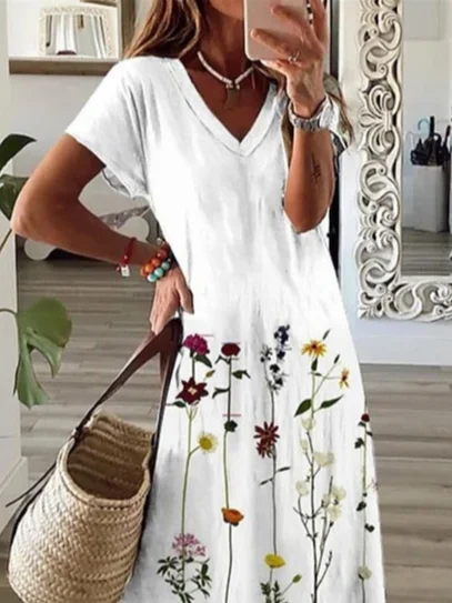 Women Floral Short Sleeve Summer Printing Dress V Neck Daily Casual Maxi X-Line Dress