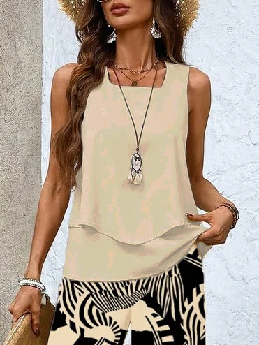 Women Abstract Printing Two-Piece Set Daily Sleeveless Casual Summer Top With Pants Matching Set