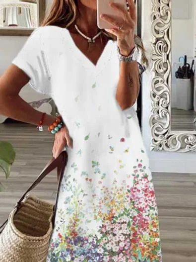 Women Plain Short Sleeve Summer Dress V Neck Daily Casual Maxi X-Line Dress