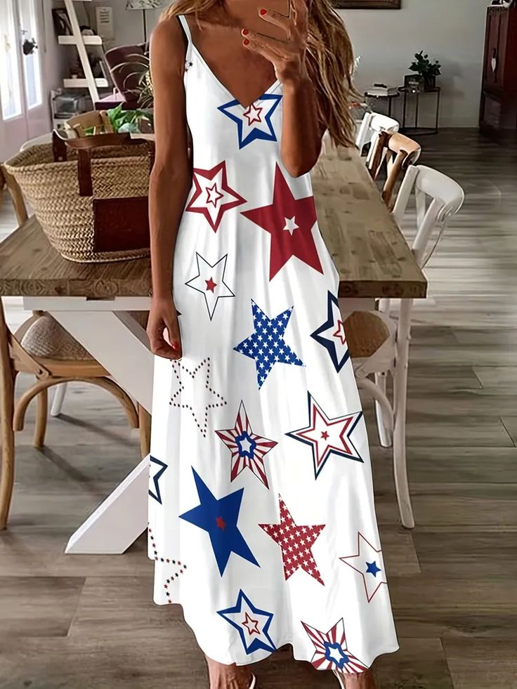 Women Star Sleeveless Summer Dress V Neck Daily Casual Maxi Slip Dress X-Line Dress