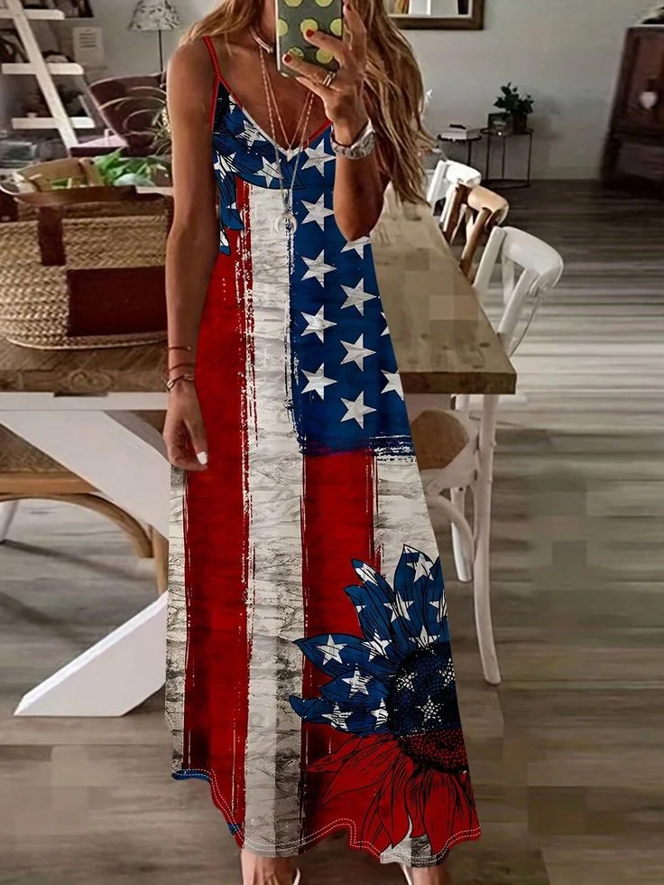 Women Independence Day (Flag) Sleeveless Summer Printing Dress V Neck Daily Casual Maxi Slip Dress X-Line Dress