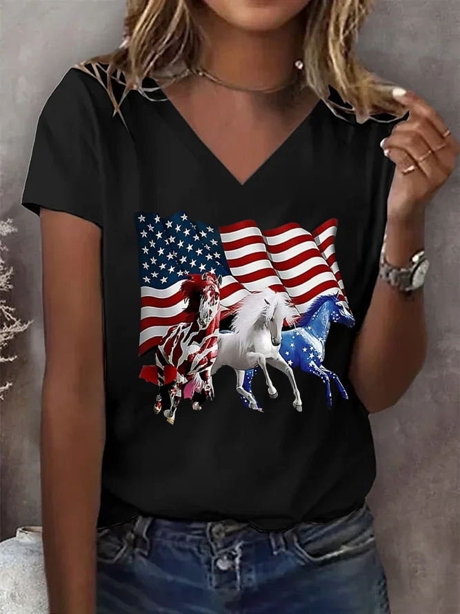 Women Independence Day (Flag) Short Sleeve Tee T-shirt V Neck Printing Casual Summer Graphic Tee Top