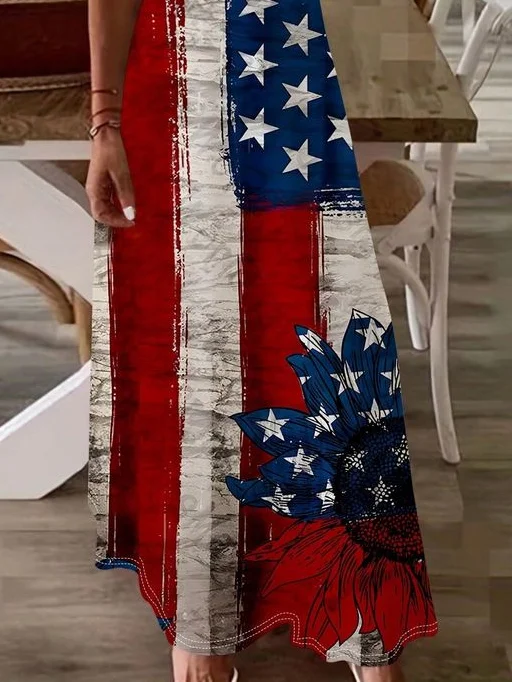 Women Independence Day (Flag) Sleeveless Summer Printing Dress V Neck Daily Casual Maxi Slip Dress X-Line Dress