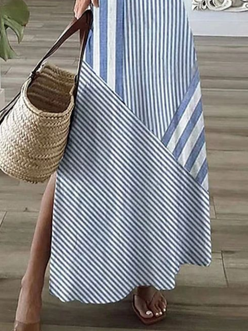 Women Striped Short Sleeve Summer Printing Dress V Neck Daily Casual Maxi X-Line Dress