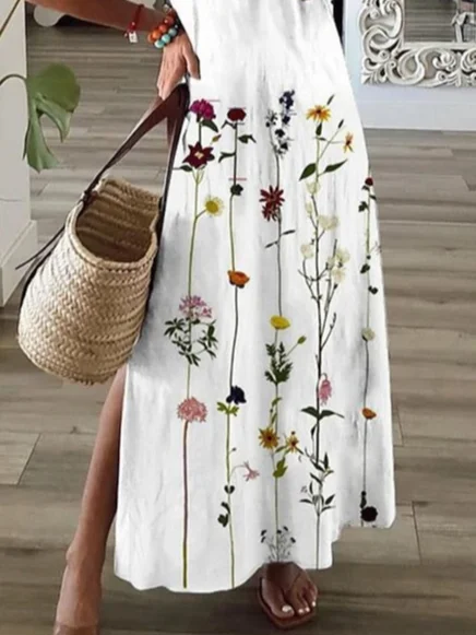 Women Floral Short Sleeve Summer Printing Dress V Neck Daily Casual Maxi X-Line Dress