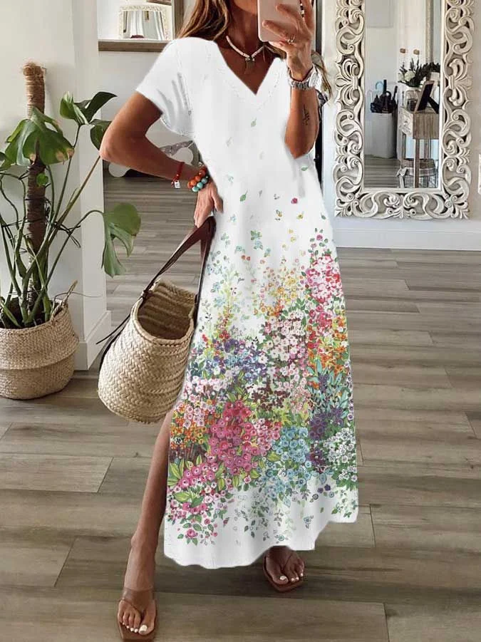 Women Plain Short Sleeve Summer Dress V Neck Daily Casual Maxi X-Line Dress