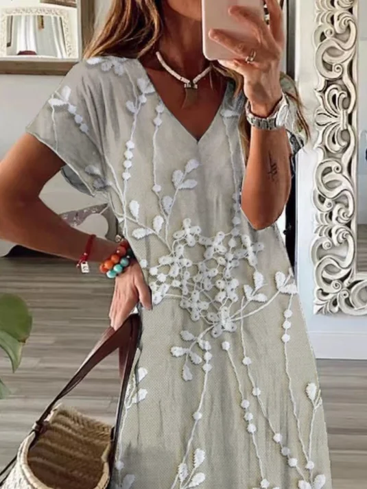 Women Floral Short Sleeve Summer Printing Dress V Neck Daily Casual Maxi X-Line Dress