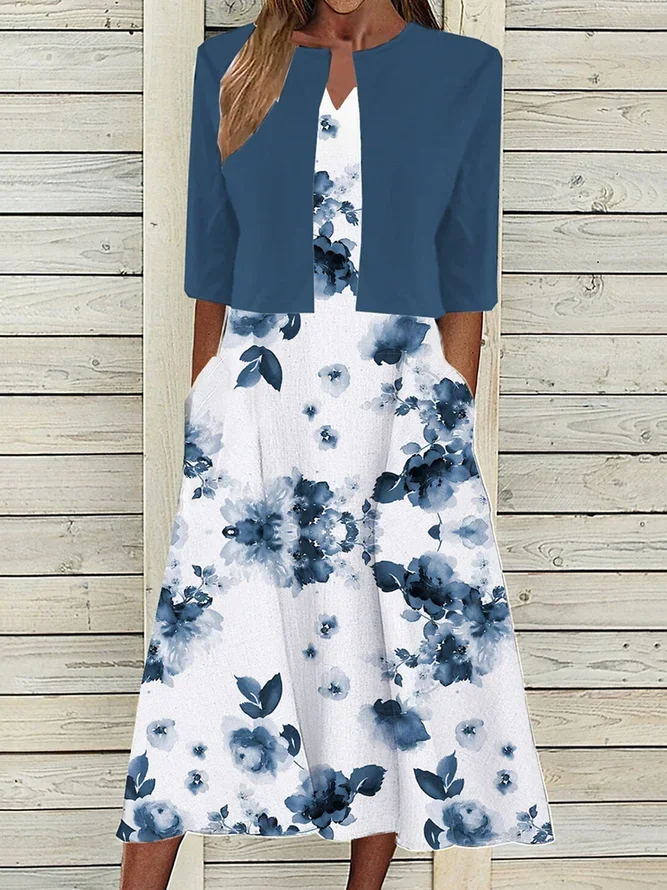 Women Floral Printing Two-Piece Set Daily Half Sleeve Casual Summer Dress With Coat Matching Set