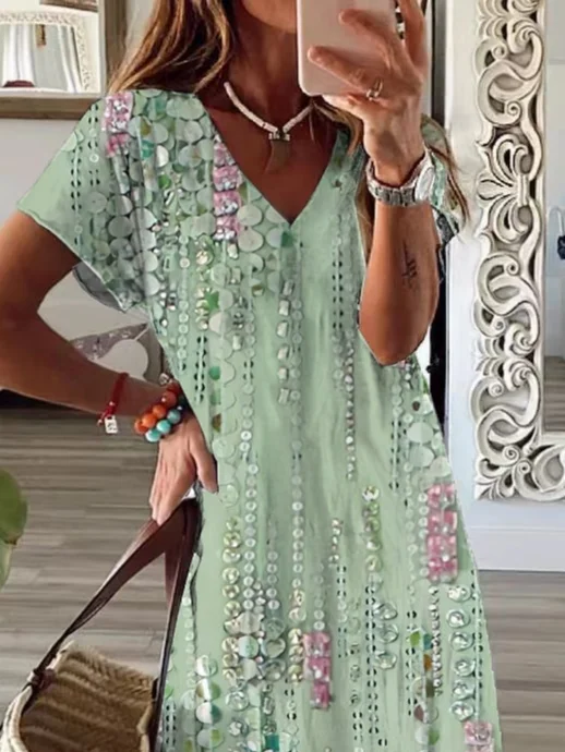 Women Floral Short Sleeve Summer Printing Dress V Neck Daily Casual Maxi X-Line Dress