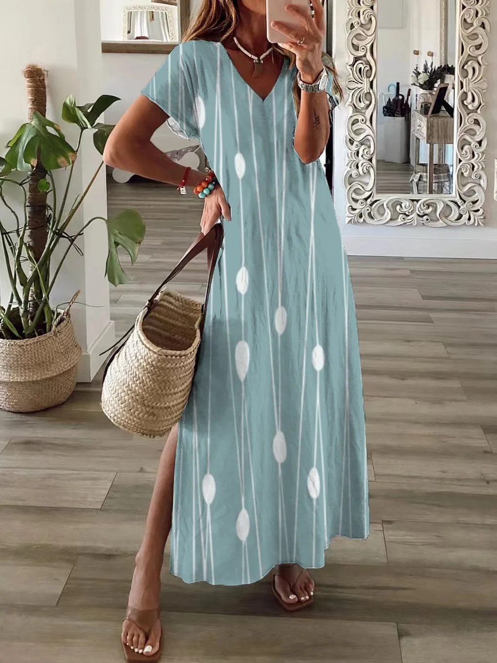 Women Striped Short Sleeve Summer Printing Dress V Neck Daily Casual Maxi X-Line Dress