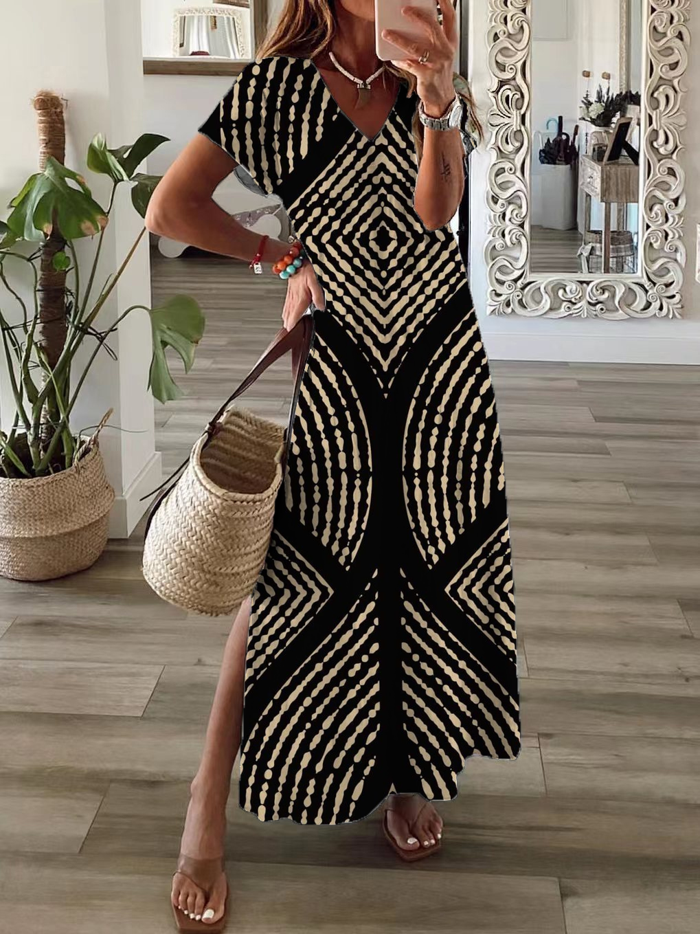 Women Geometric Short Sleeve Summer Printing Dress V Neck Daily Casual Maxi X-Line Dress