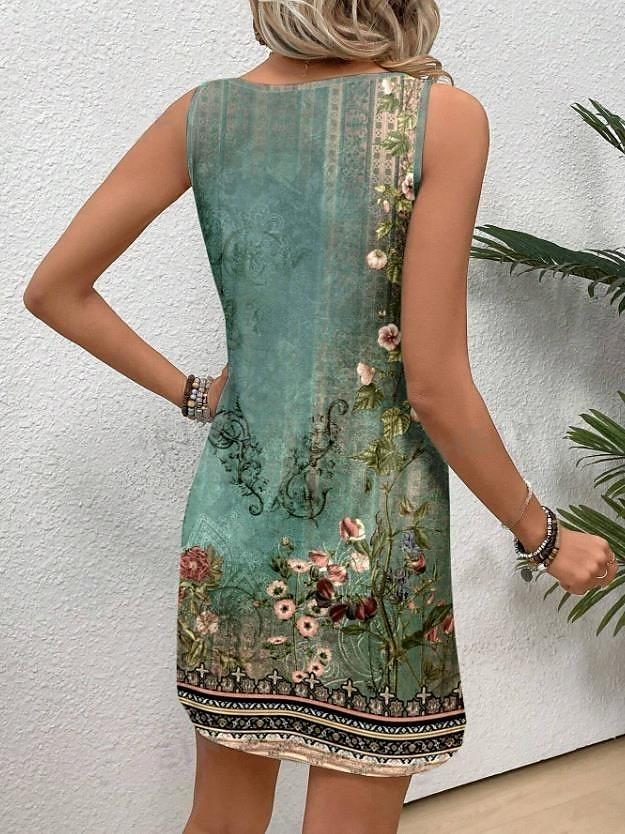 Women Floral Sleeveless Summer Printing Dress Crew Neck Daily Casual Midi Tank X-Line Dress