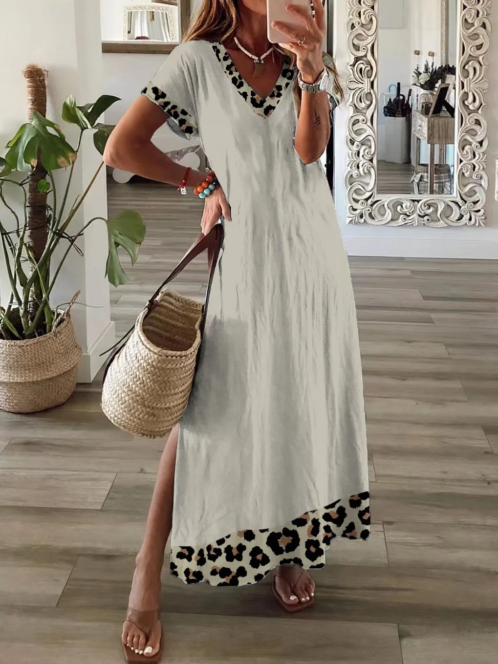 Women Leopard Short Sleeve Summer Printing Dress V Neck Daily Casual Maxi X-Line Dress