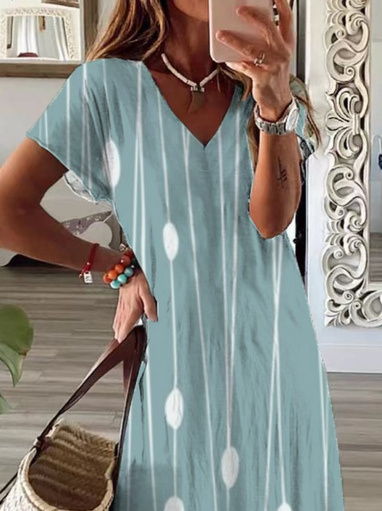 Women Striped Short Sleeve Summer Printing Dress V Neck Daily Casual Maxi X-Line Dress