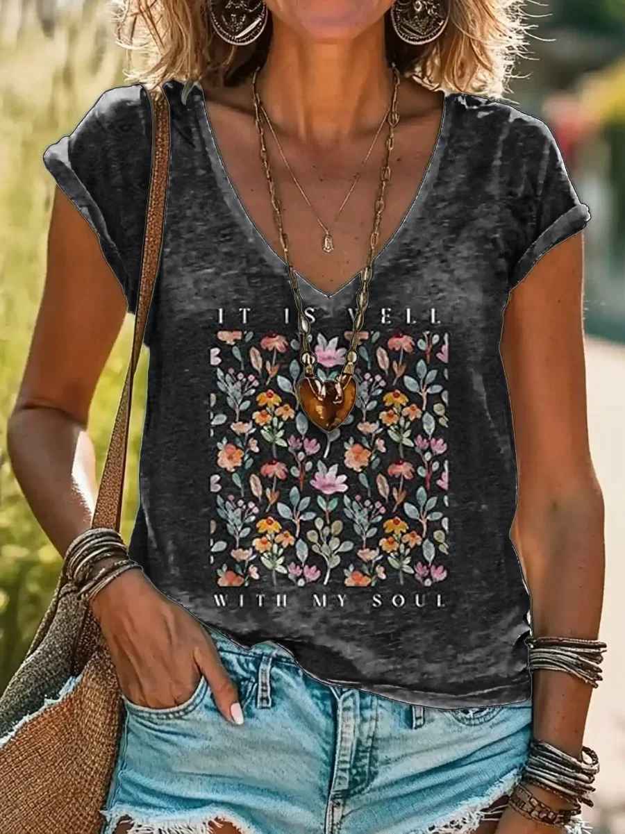 Women Floral Short Sleeve Tee T-shirt V Neck Printing Casual Summer Graphic Tee Top