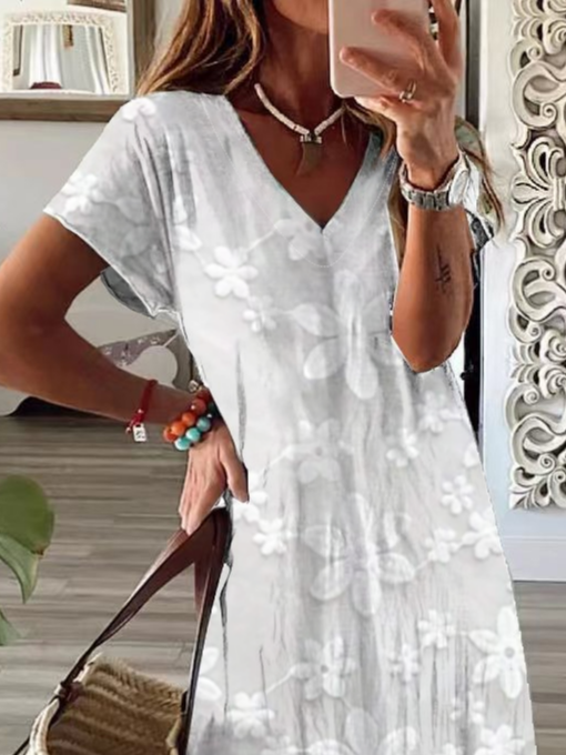 Women Floral Short Sleeve Summer Printing Dress V Neck Daily Casual Maxi X-Line Dress