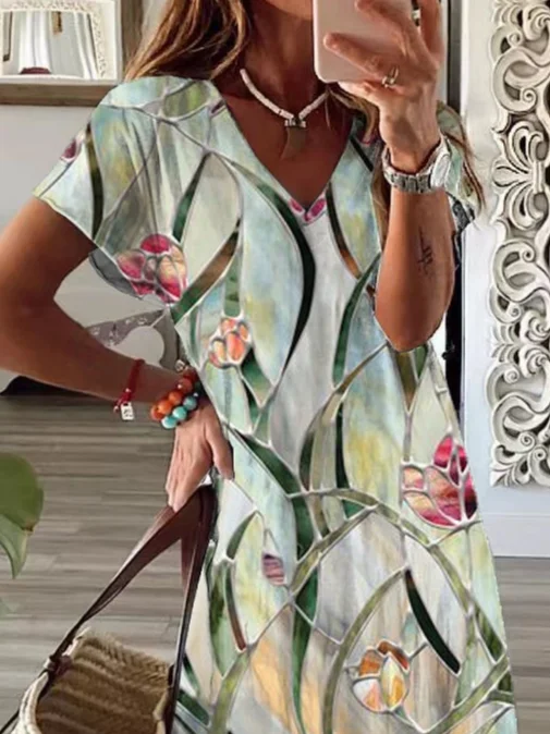 Women Floral Short Sleeve Summer Printing Dress V Neck Daily Casual Maxi X-Line Dress