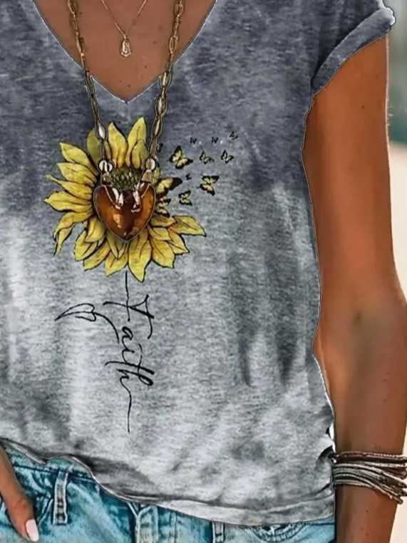 Women Floral Short Sleeve Tee T-shirt V Neck Printing Casual Summer Graphic Tee Top