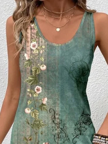 Women Floral Sleeveless Summer Printing Dress Crew Neck Daily Casual Midi Tank X-Line Dress