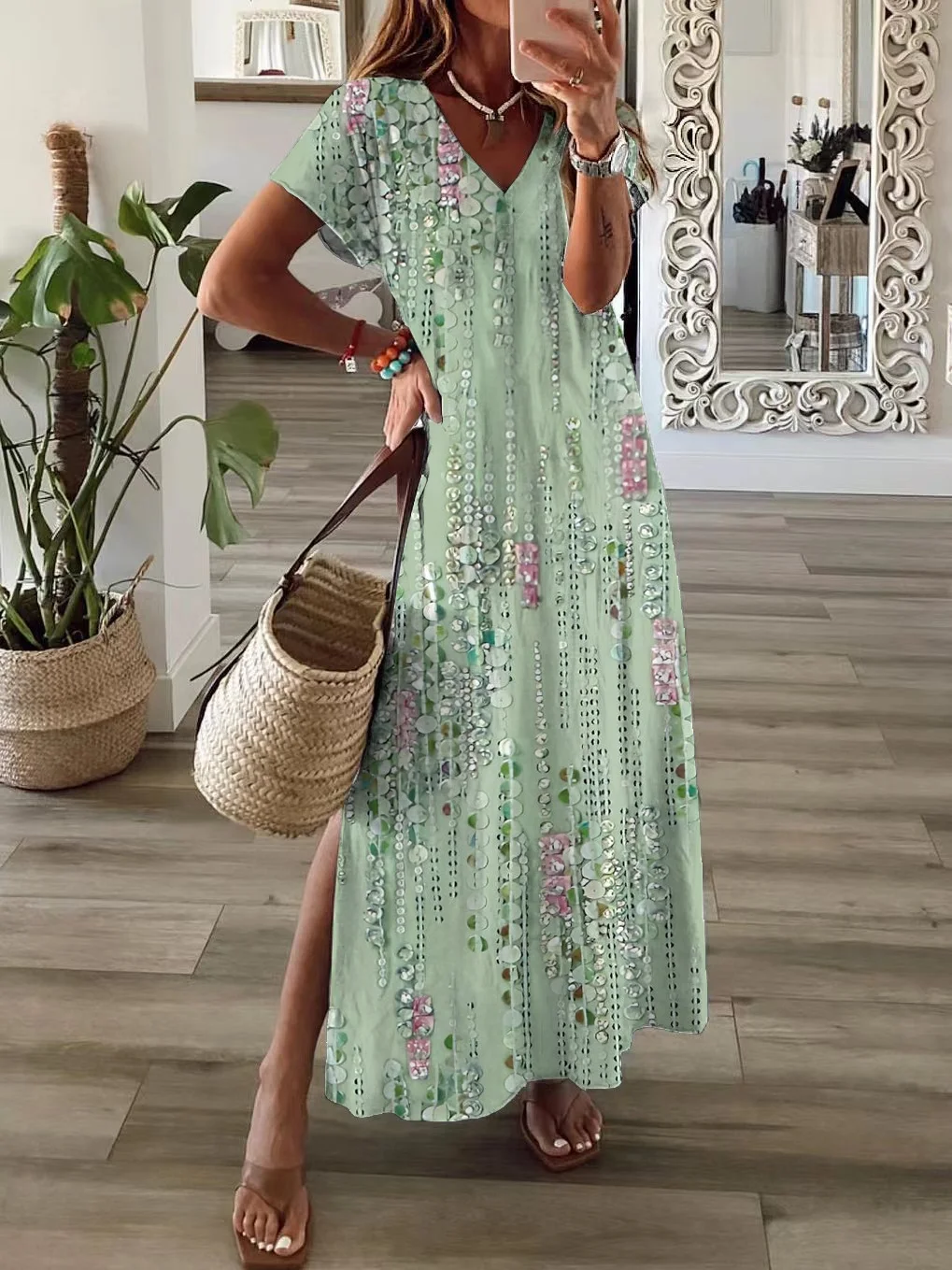 Women Floral Short Sleeve Summer Printing Dress V Neck Daily Casual Maxi X-Line Dress