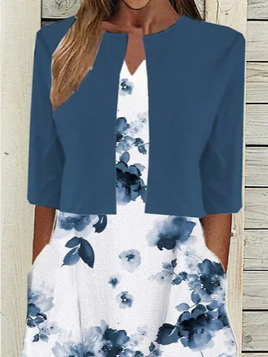 Women Floral Printing Two-Piece Set Daily Half Sleeve Casual Summer Dress With Coat Matching Set