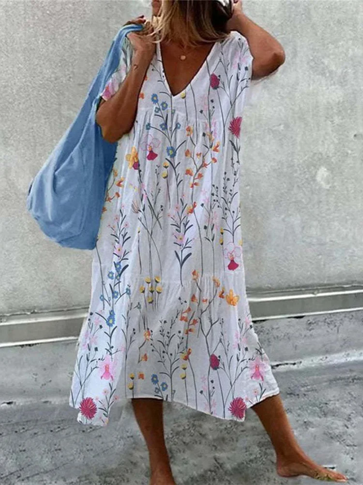 Women Floral Sleeveless Summer Dress V Neck Daily Casual Maxi A-Line Dress