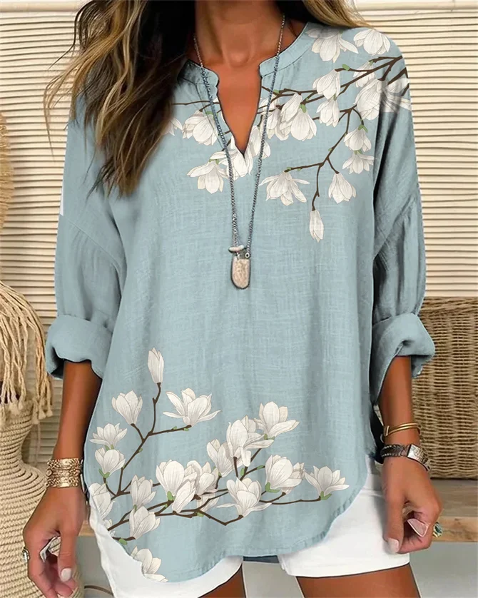 Women's Floral Long Sleeve Shirt Spring/Fall V Neck Daily Casual Top