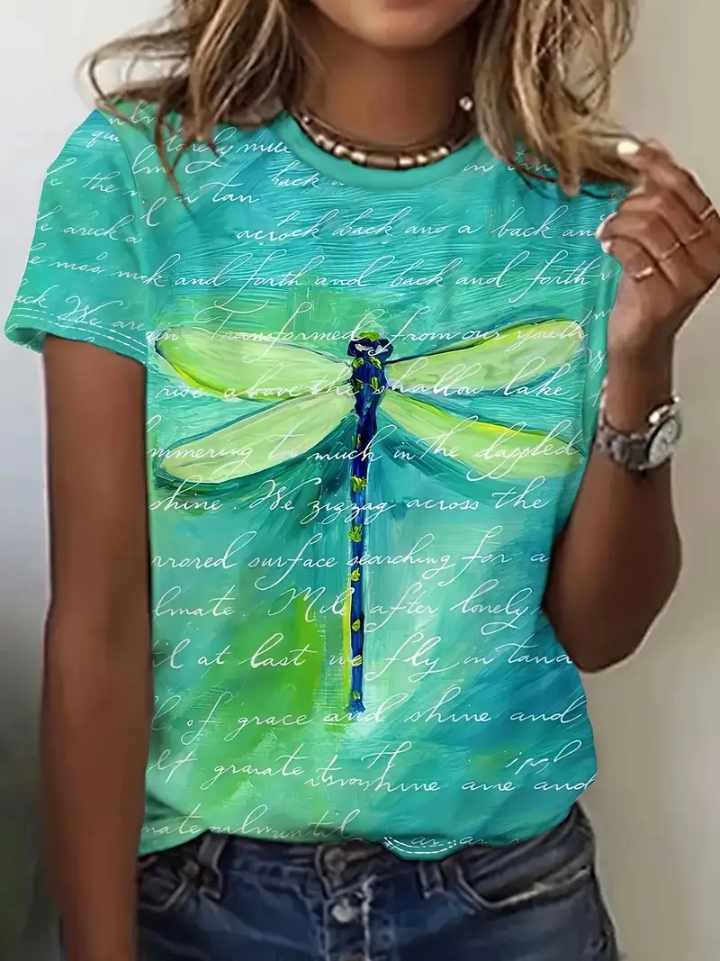 Women Dragonfly Short Sleeve Tee T-shirt Crew Neck Printing Casual Summer Graphic Tee Top