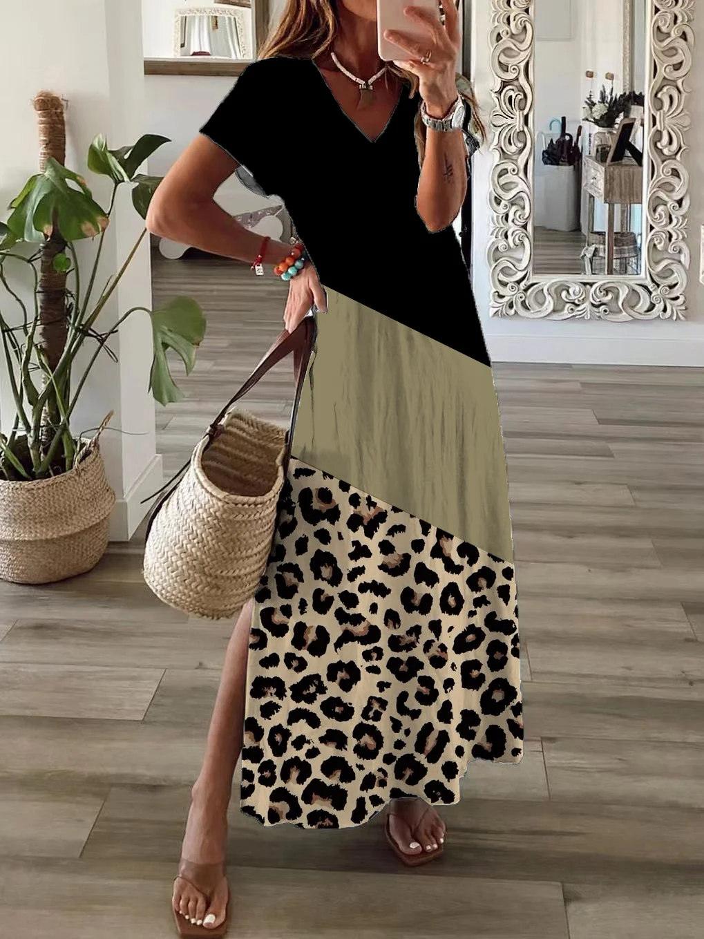 Women Leopard Short Sleeve Summer Printing Dress V Neck Daily Casual Maxi X-Line Dress