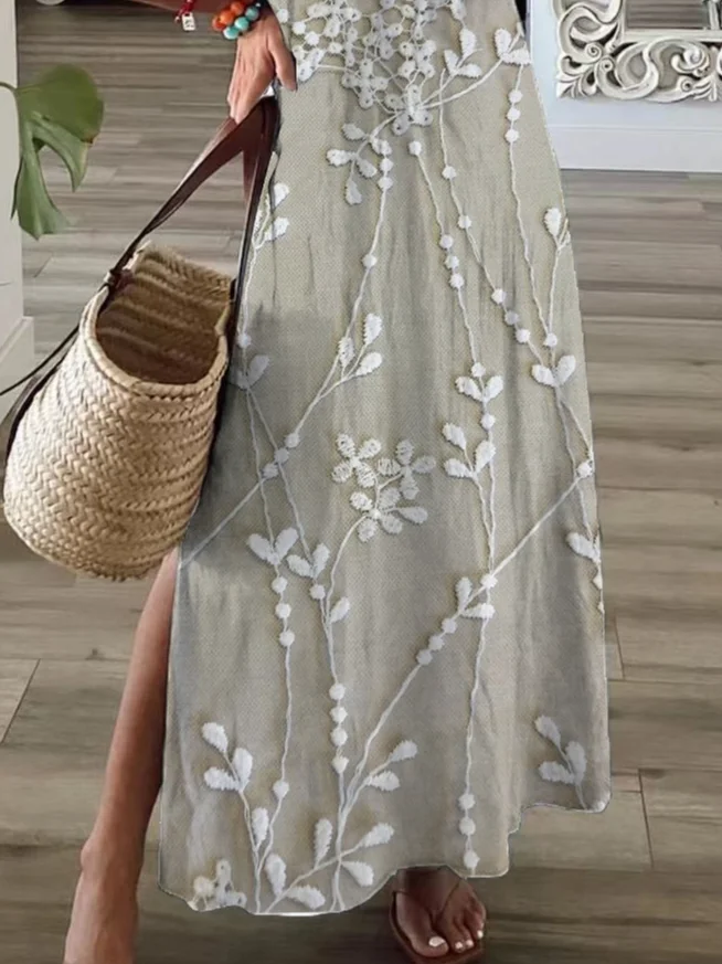 Women Floral Short Sleeve Summer Printing Dress V Neck Daily Casual Maxi X-Line Dress