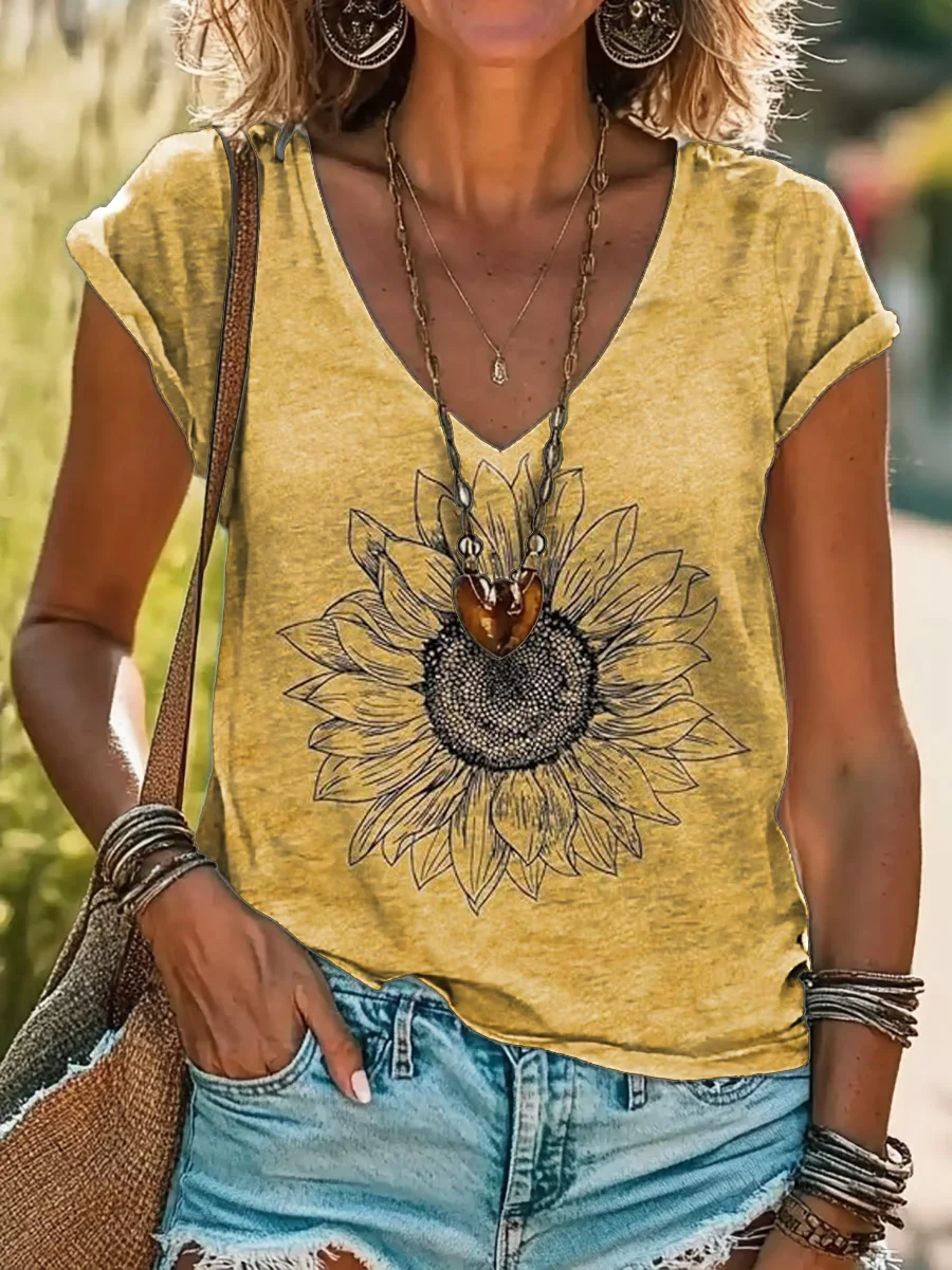 Women Floral Short Sleeve Tee T-shirt V Neck Printing Casual Summer Graphic Tee Top