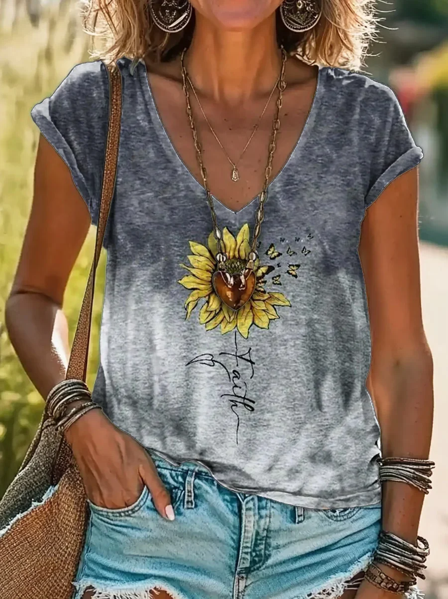 Women Floral Short Sleeve Tee T-shirt V Neck Printing Casual Summer Graphic Tee Top