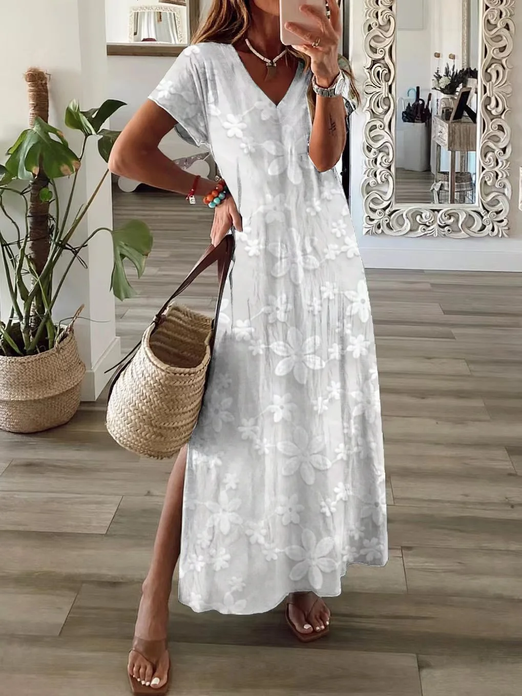 Women Floral Short Sleeve Summer Printing Dress V Neck Daily Casual Maxi X-Line Dress