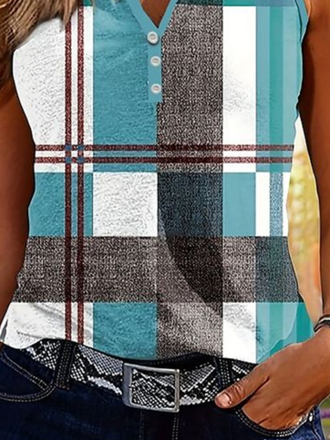 Women Sleeveless Tank Top Camisole Summer Plaid Printing V Neck Daily Casual Top