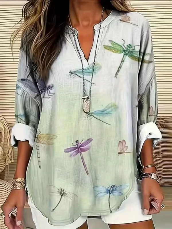 Women Dragonfly Long Sleeve Blouse Spring/Fall Printing V Neck Daily Casual Top