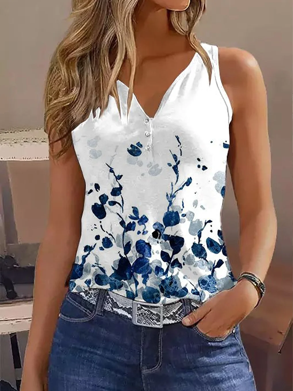 Women Sleeveless Tank Top Camisole Summer Floral Printing V Neck Daily Casual Top