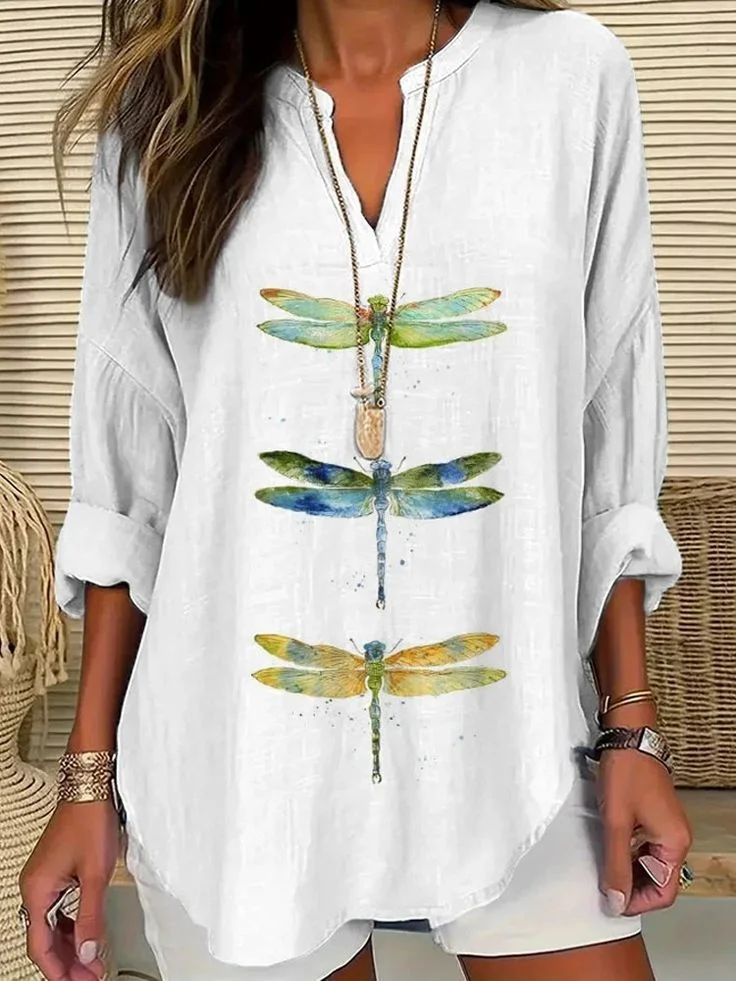 Women Dragonfly Long Sleeve Blouse Spring/Fall Printing V Neck Daily Casual Top