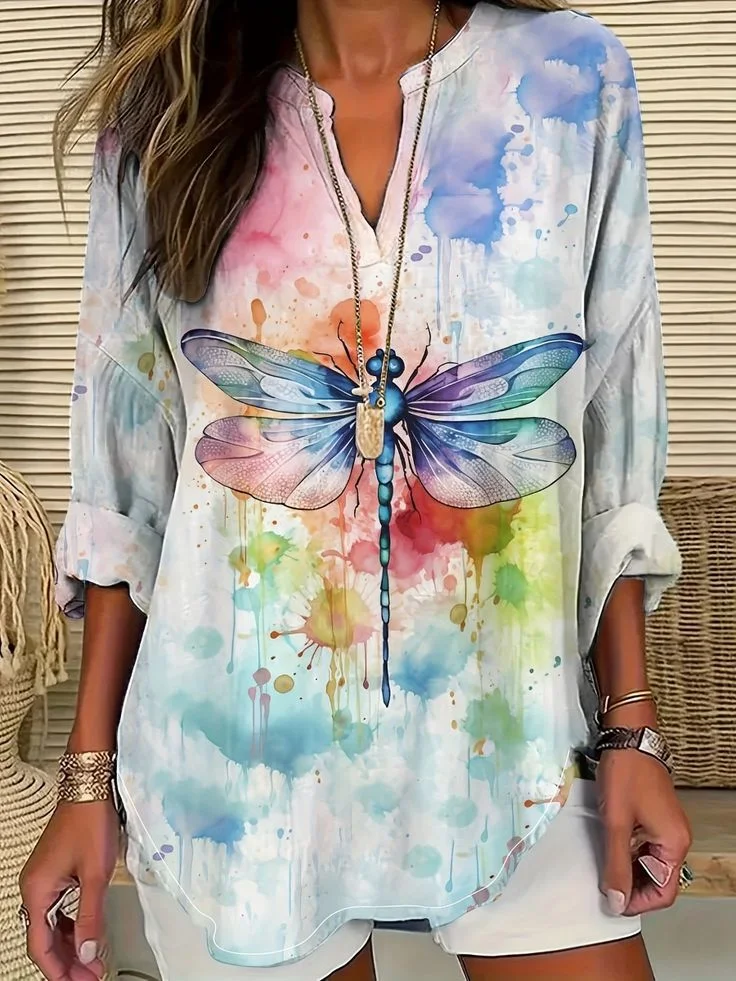 Women Dragonfly Long Sleeve Blouse Spring/Fall Printing V Neck Daily Casual Top