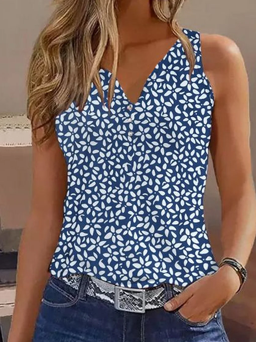 Women Sleeveless Tank Top Camisole Summer Floral Printing V Neck Daily Casual Top