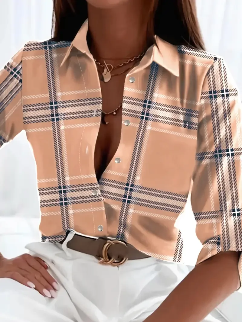 Women Plaid Long Sleeve Shirt Spring/Fall Shirt Collar Daily Casual Top