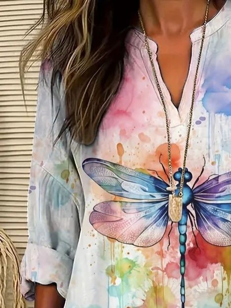 Women Dragonfly Long Sleeve Blouse Spring/Fall Printing V Neck Daily Casual Top