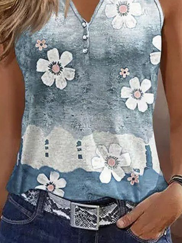 Women Sleeveless Tank Top Camisole Summer Floral Printing V Neck Daily Casual Top